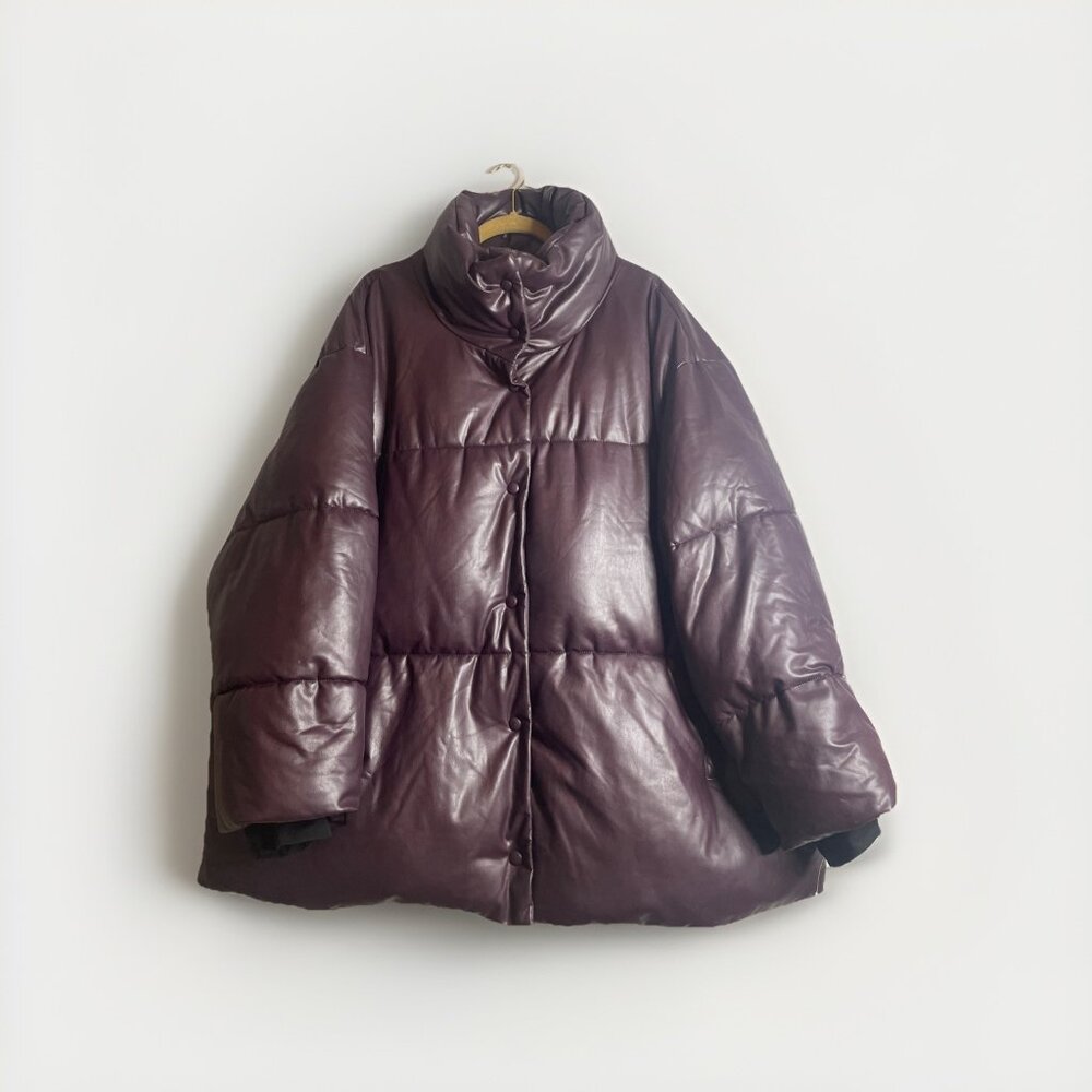 Avec Les Filles Oversize Black Faux Leather Puffer Jacket B1612 Size 3XL